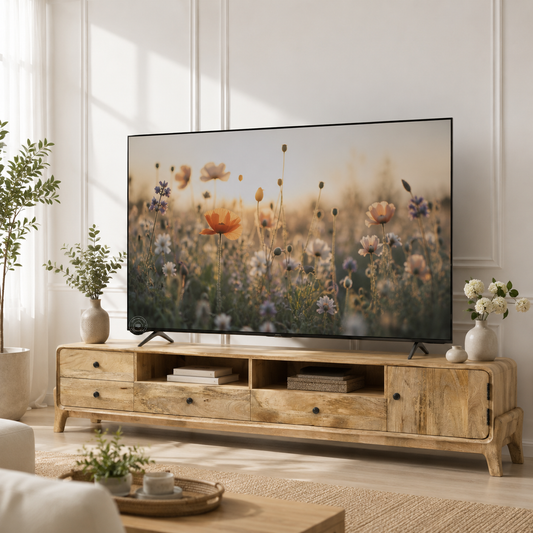 Keniel Wooden Media Unit – Solid Mango Wood, Natural Finish, Large TV Console | Opelhome UAE