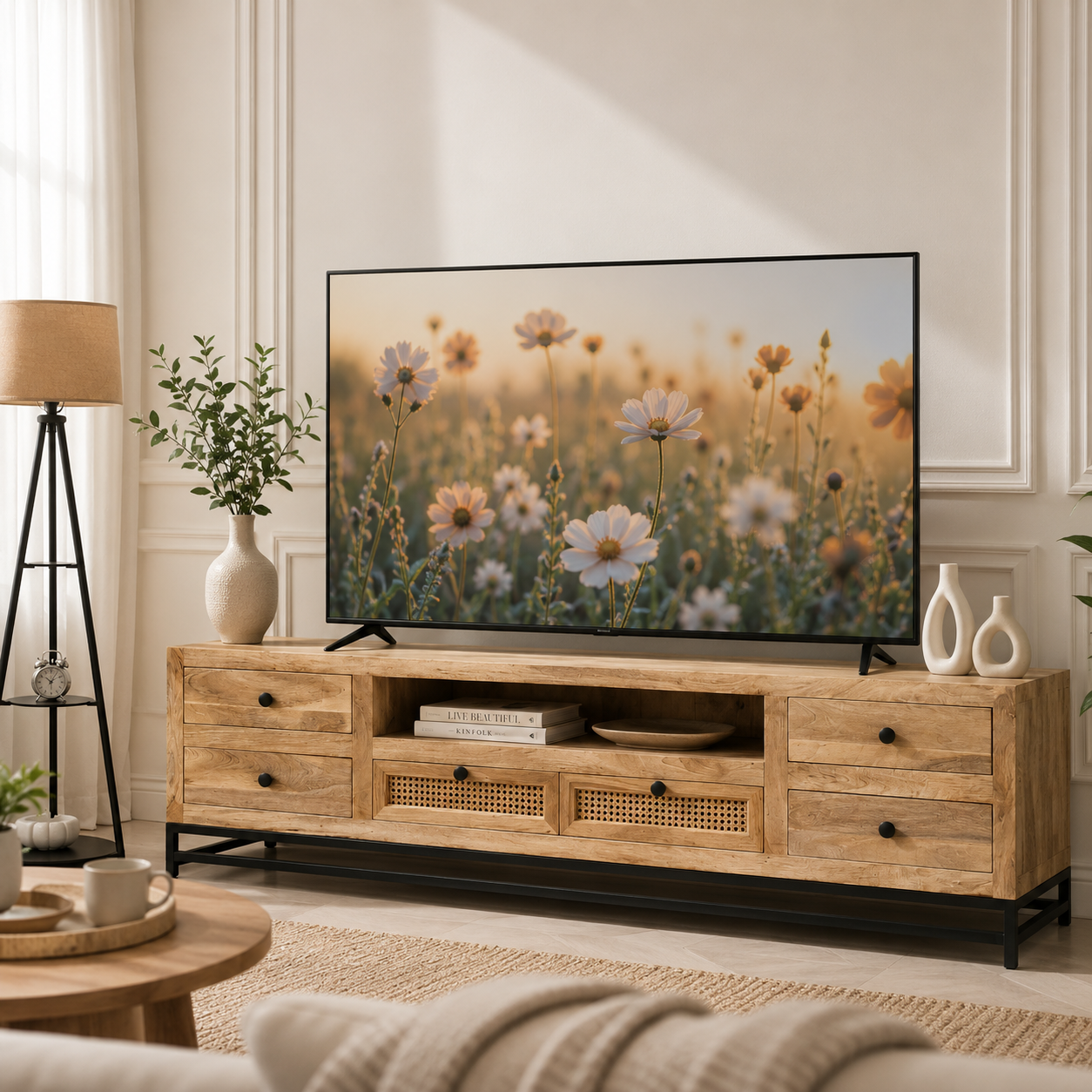 Lorven Six Drawers Rattan TV Unit – Solid Mango Wood, Natural Finish | Opelhome UAE