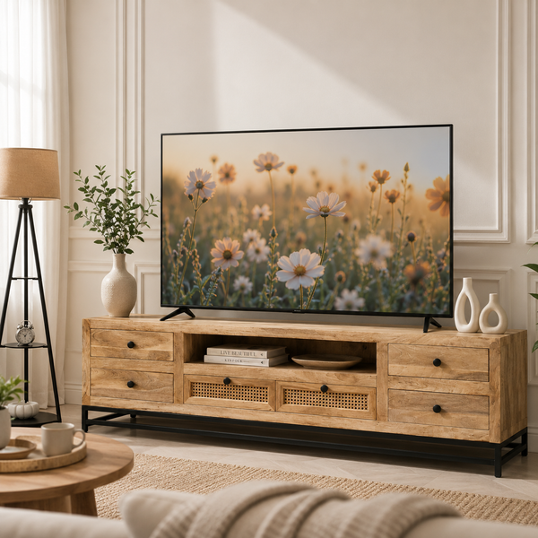 Lorven Six Drawers Rattan TV Unit – Solid Mango Wood, Natural Finish | Opelhome UAE