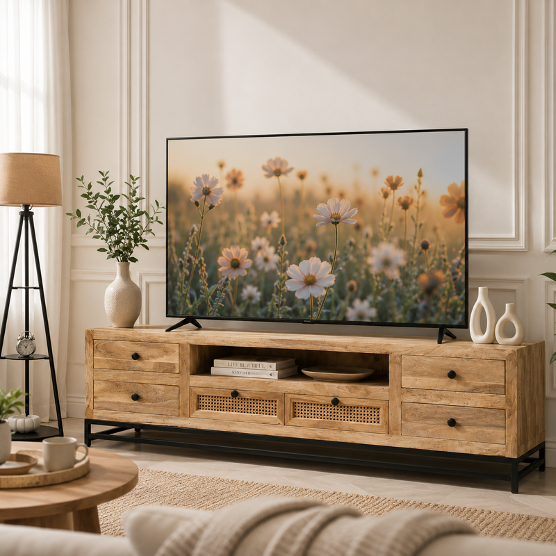 Lorven Six Drawers Rattan TV Unit – Solid Mango Wood, Natural Finish | Opelhome UAE