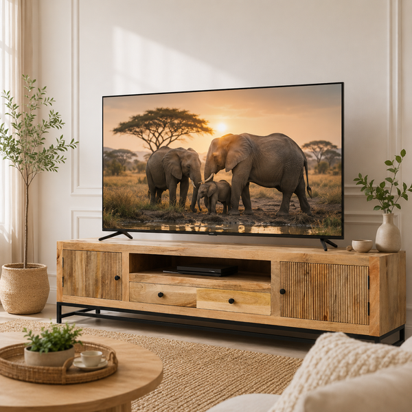 Mavrick Wooden Slat Door TV Unit – Solid Mango Wood , metal legs , Natural Finish | Opelhome UAE