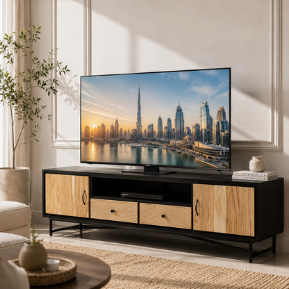 Milen Wooden Slat TV Unit – Two Doors, Two Drawers, Solid Mango & Acacia Wood | Opelhome UAE