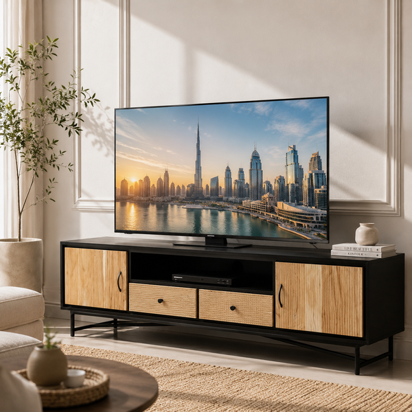 Milen Wooden Slat TV Unit – Two Doors, Two Drawers, Solid Mango & Acacia Wood | Opelhome UAE