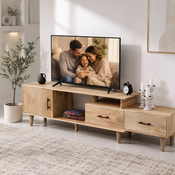 Montella Wooden Media Unit – 3 Shelves, Solid Mango Wood, Natural Finish | Opelhome UAE