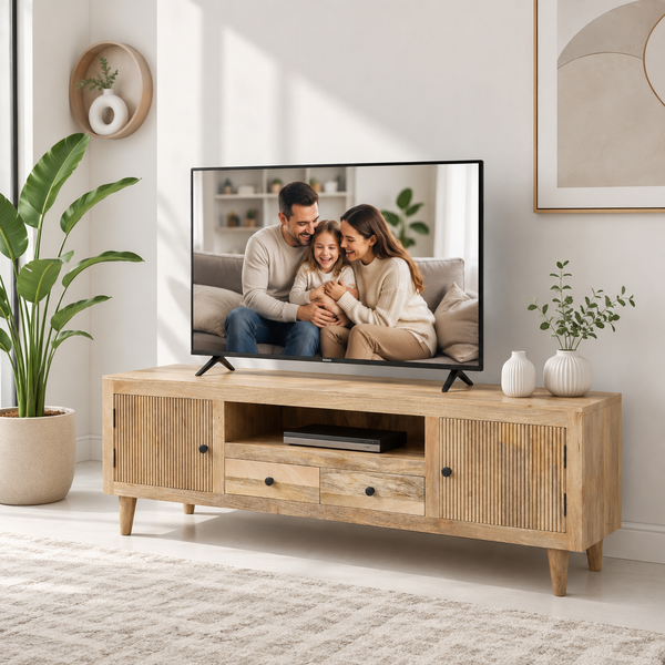 Mavrick Wooden Slat Door TV Unit – Solid Mango Wood , wood legs Natural Finish | Opelhome UAE
