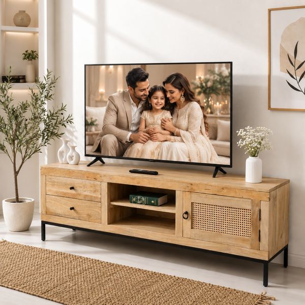 Simple Wooden Media Unit – 2 Shelves, Solid Mango Wood, Natural Finish | Opelhome UAE