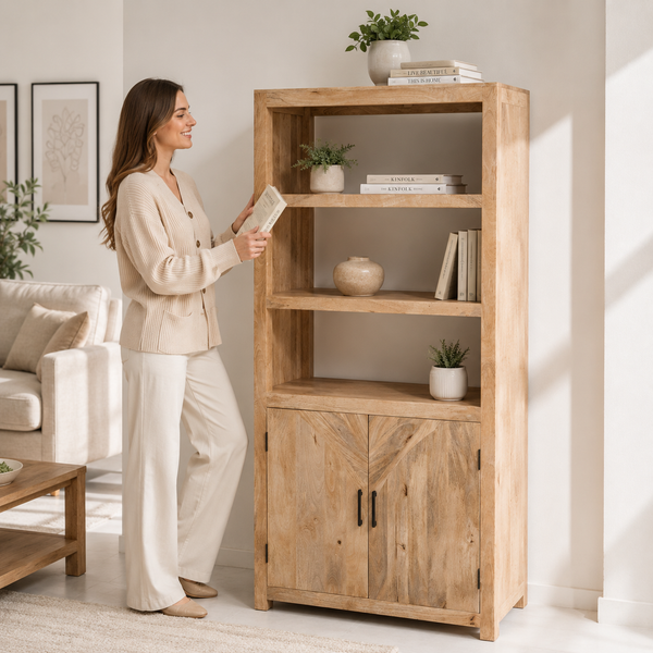 Aroha Display Shelves Unit – Solid Wood, Natural Finish, Tall Bookcase | Opelhome UAE