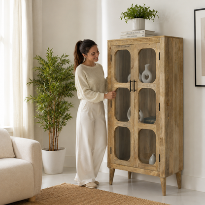 Space Glass Closet – 2 Doors, Solid Mango Wood, Natural Finish, Display Cabinet | Opelhome UAE