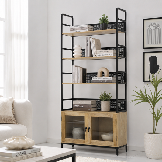 Edgecarve Industrial Bookcase – Solid Mango Wood & Iron, Natural Finish| Opelhome UAE