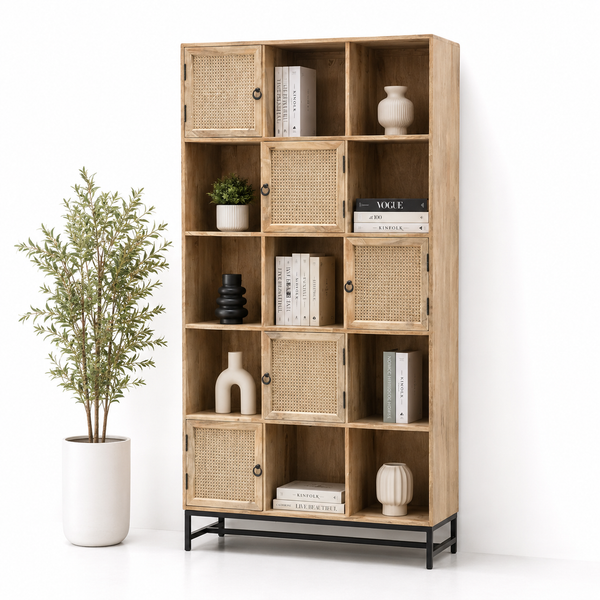 Clever Wooden Rattan Bookcase – Solid Wood, 200 cm, Natural Finish | Opelhome UAE