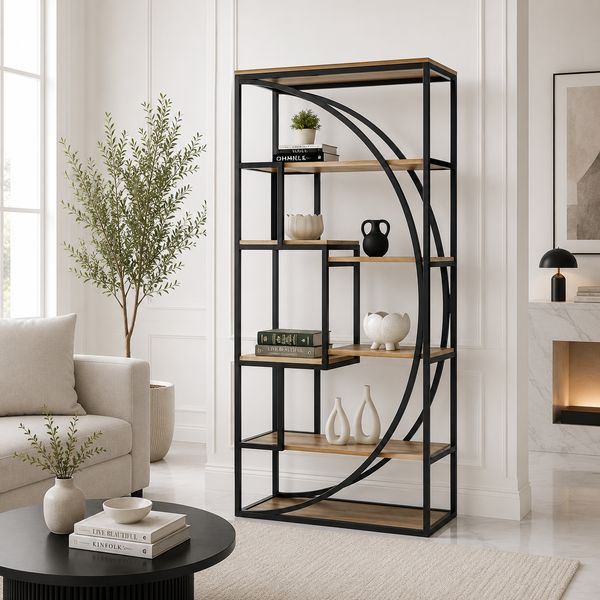 Woodora Industrial Bookshelf – Solid Mango Wood & Iron, Natural Finish | Opelhome UAE