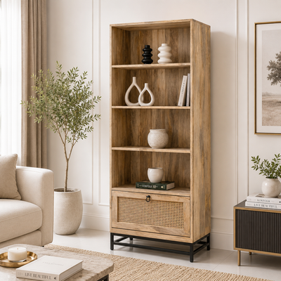 Richmond Rattan Bookcase – Solid Mango Wood, Black Base, Natural Finish