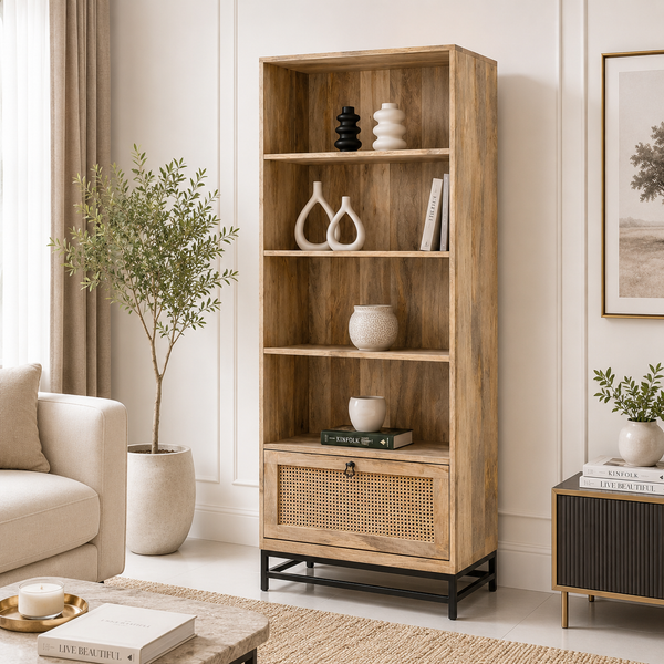 Richmond Rattan Bookcase – Solid Mango Wood, Black Base, Natural Finish | Opelhome UAE