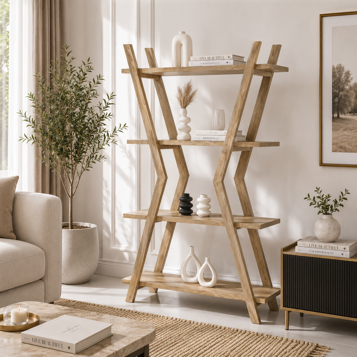 Roman Wooden Bookshelf – Solid Mango Wood, Natural Finish, Tall Storage | Opelhome UAE