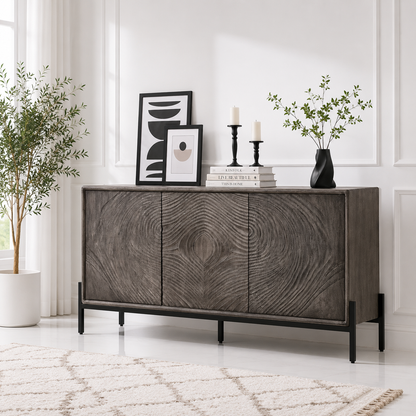 Harley Wooden Sideboard – 3 Doors, Solid Wood, Grey Finish | Opelhome UAE