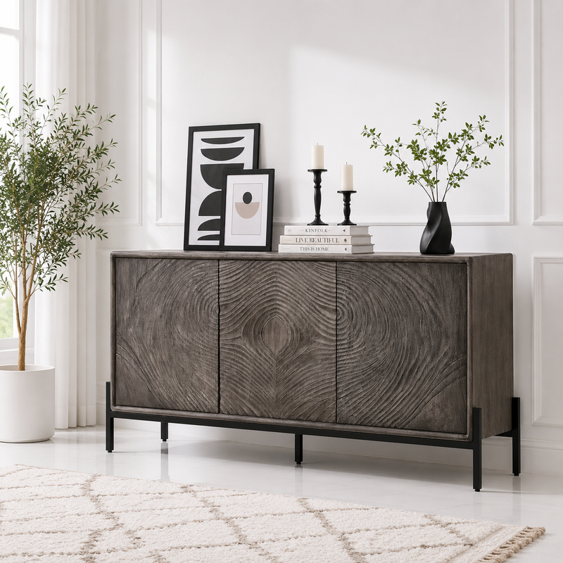 Harley Wooden Sideboard – 3 Doors, Solid Wood, Grey Finish | Opelhome UAE
