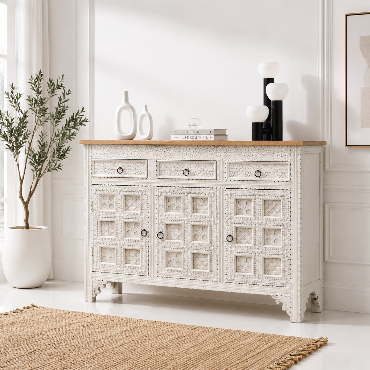 Berry Wooden 3 Door 3 Drawer Sideboard – Solid Mango Wood, Multiple Color Options | Opelhome UAE