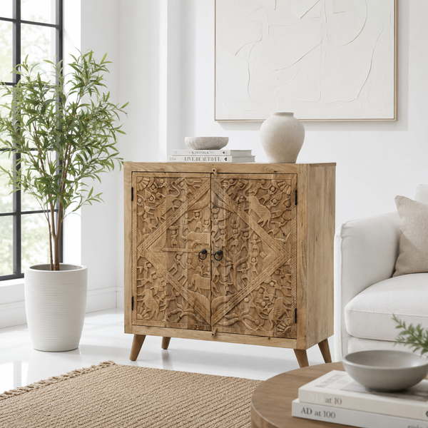 Caroa Two Door Wooden Sideboard & Buffet – Solid Mango Wood (Natural Finish)
