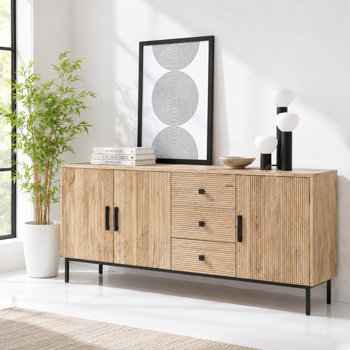 Aldora Sideboard – 3 Drawers, 3 Doors, Solid Mango Wood & Iron, Natural Finish | Opelhome UAE