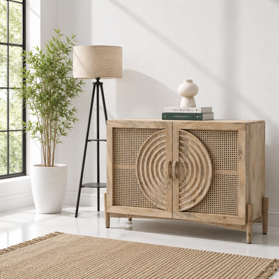 Hallum 2 Door Rattan Sideboard – Solid Mango Wood, Natural Finish