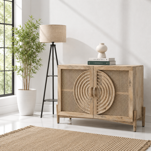 Hallum 2 Door Rattan Sideboard – Solid Mango Wood, Natural Finish | Opelhome UAE