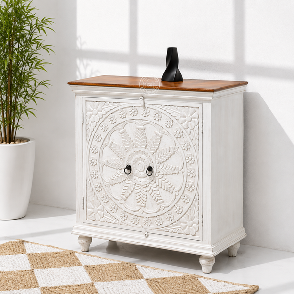 Arcolia Wooden 2 Door Carved Cabinet – Solid Mango Wood, Natural Finish | Opelhome UAE