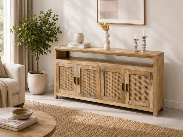 Modgrain Rattan Sideboard – 4 Doors, Solid Mango Wood, Natural Finish | Opelhome UAE