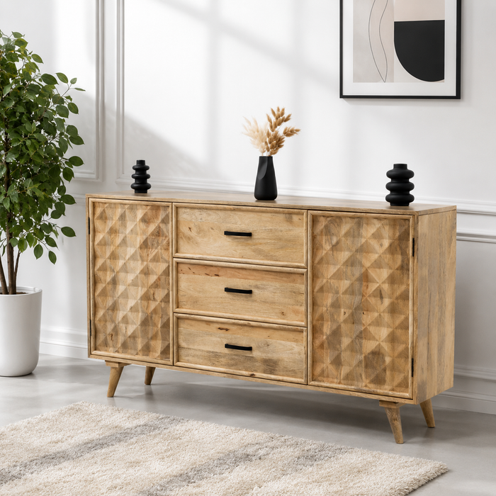 Aeris Wooden Sideboard – 3 Drawers, 2 Doors, Solid Mango Wood, Natural Finish | Opelhome UAE