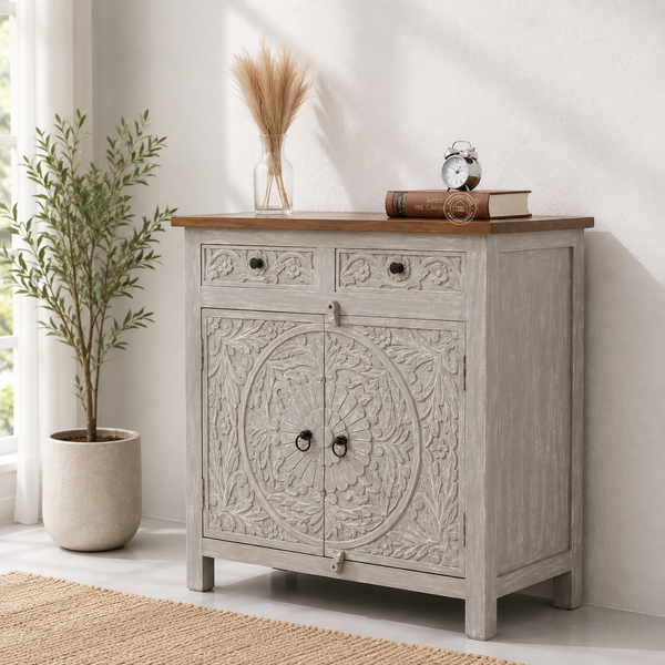 Bunny Wooden Carved Sideboard – 2 Doors, 2 Drawers, Solid Mango Wood, Multi-Color Options | Opelhome UAE