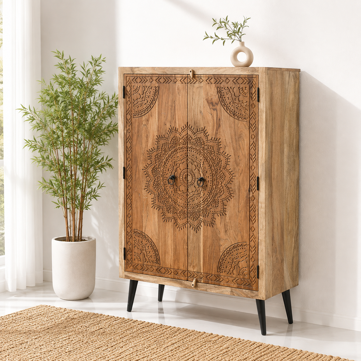 Cary Wooden Cabinet – 2 Doors, Solid Mango Wood, Natural + Honey Finish | Opelhome UAE