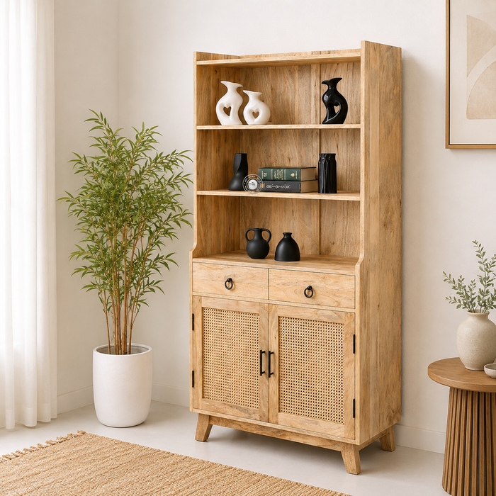 Abston Rattan Display Cabinet – Solid Wood, Natural Finish, Tall Storage | Opelhome UAE