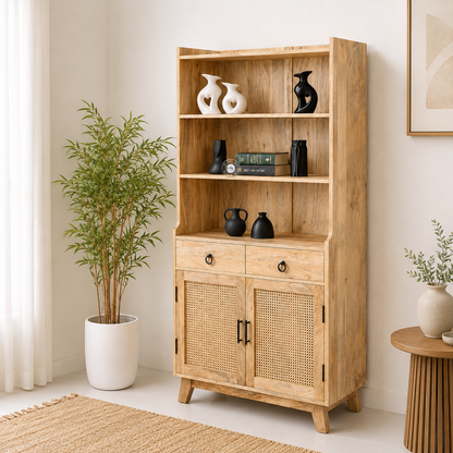 Abston Rattan Display Cabinet – Solid Wood, Natural Finish, Tall Storage | Opelhome UAE