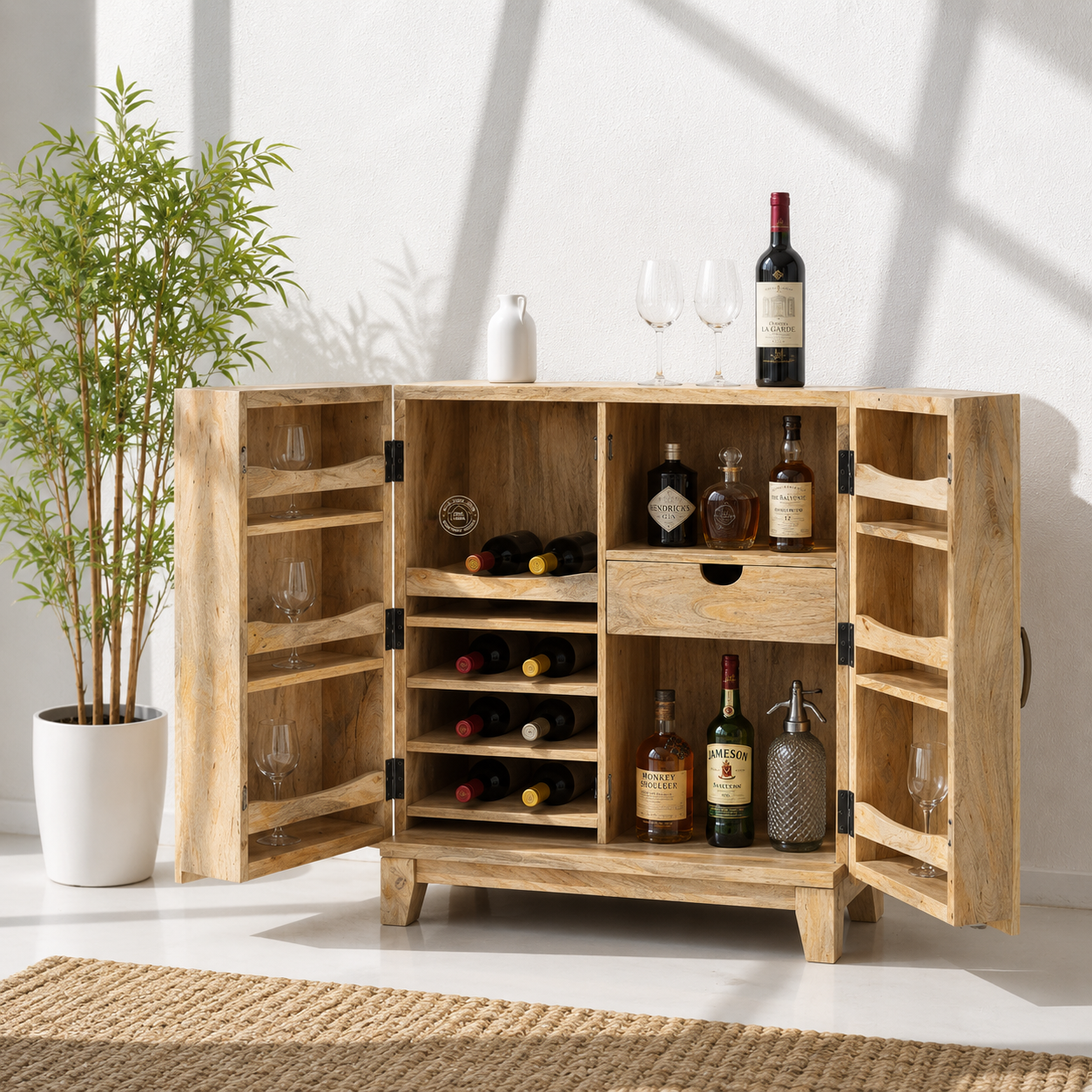 Seattle Wooden Bar Cabinet – Solid Mango Wood, Natural finish | Opelhome UAE