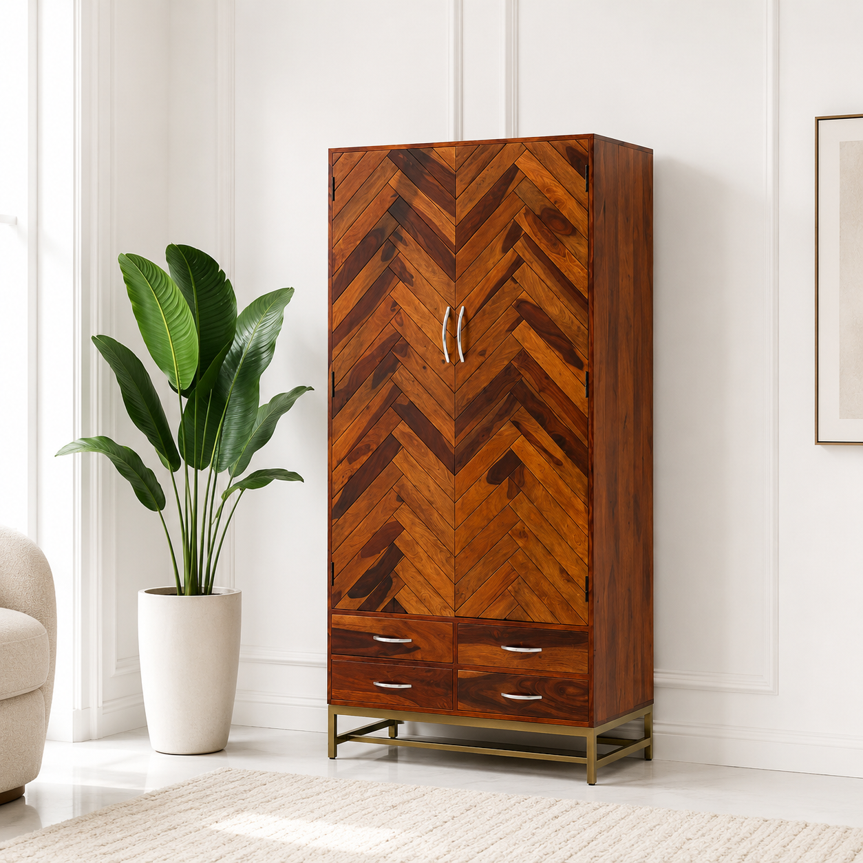 Desert Wood Slat Closet – 4 Drawers, Solid Rosewood, Honey Finish, Tall Storage | Opelhome UAE