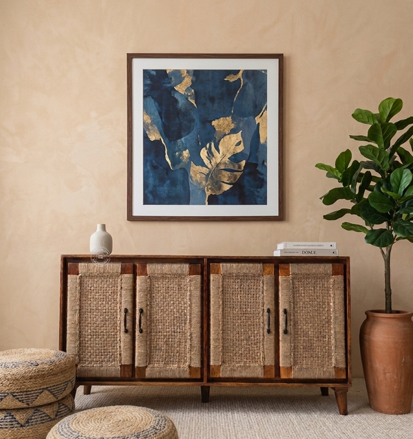 Allred Solid Mango Wood 4 Door Sideboard with Handwoven Jute – Honey Finish | Opelhme UAE