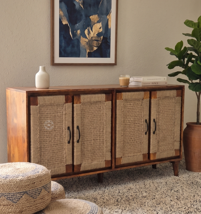 Allred Solid Mango Wood 4 Door Sideboard with Handwoven Jute – Honey Finish | Opelhme UAE
