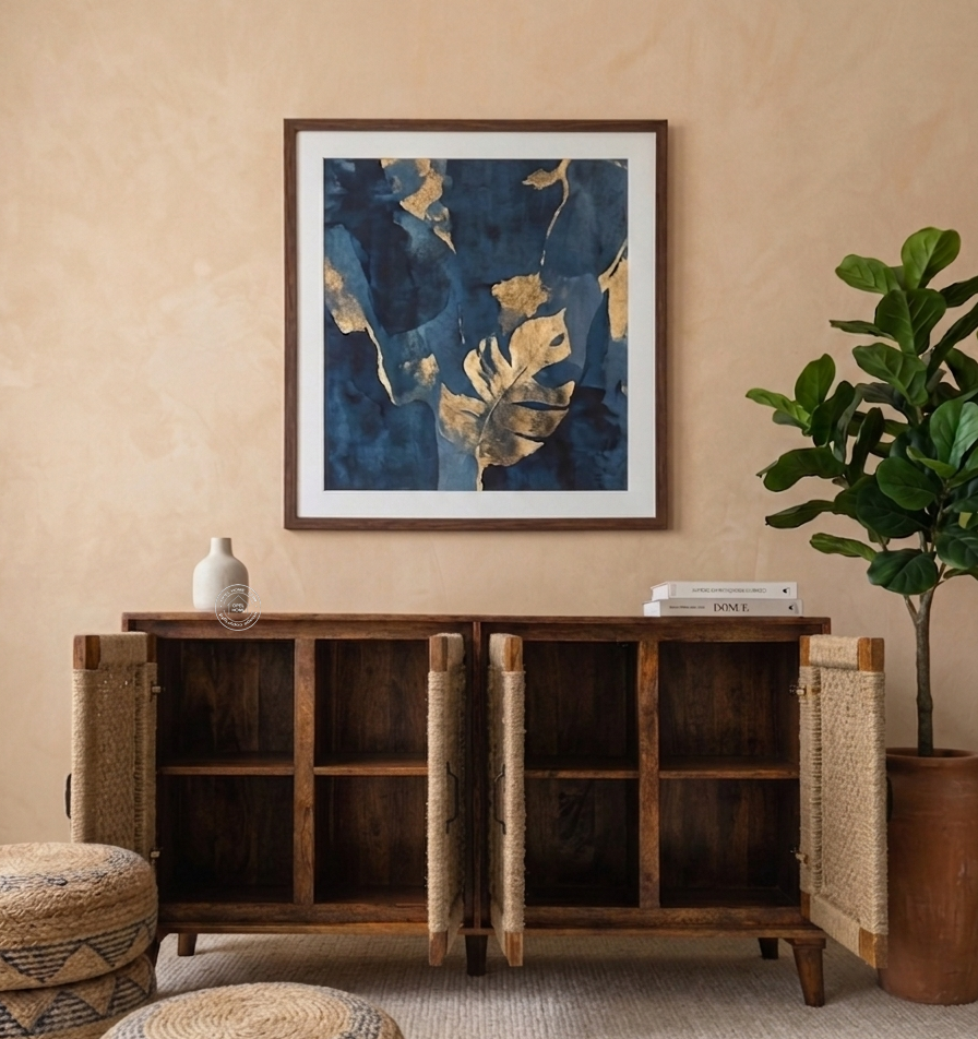 Allred Solid Mango Wood 4 Door Sideboard with Handwoven Jute – Honey Finish | Opelhme UAE
