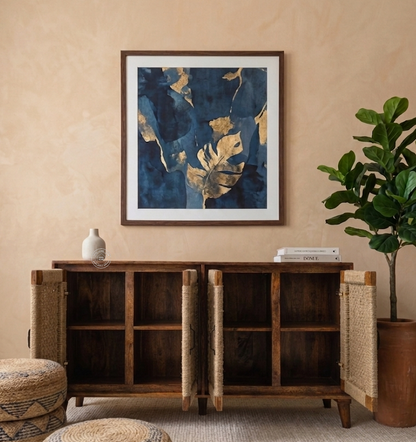 Allred Solid Mango Wood 4 Door Sideboard with Handwoven Jute – Honey Finish | Opelhme UAE