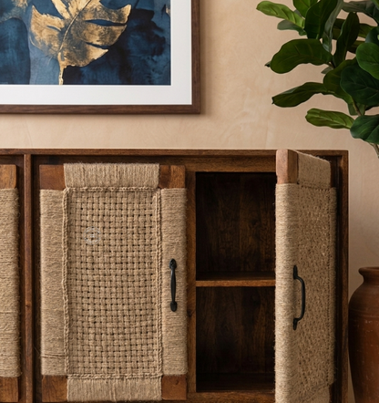 Allred Solid Mango Wood 4 Door Sideboard with Handwoven Jute – Honey Finish | Opelhme UAE