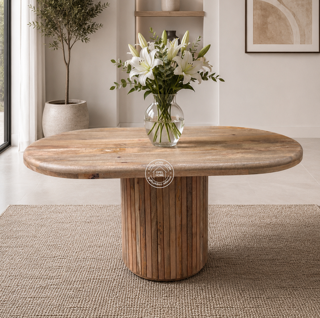 Shinana Oval Flat Slatted Dining Table – Only table, Solid Mango Wood | Natural Finish