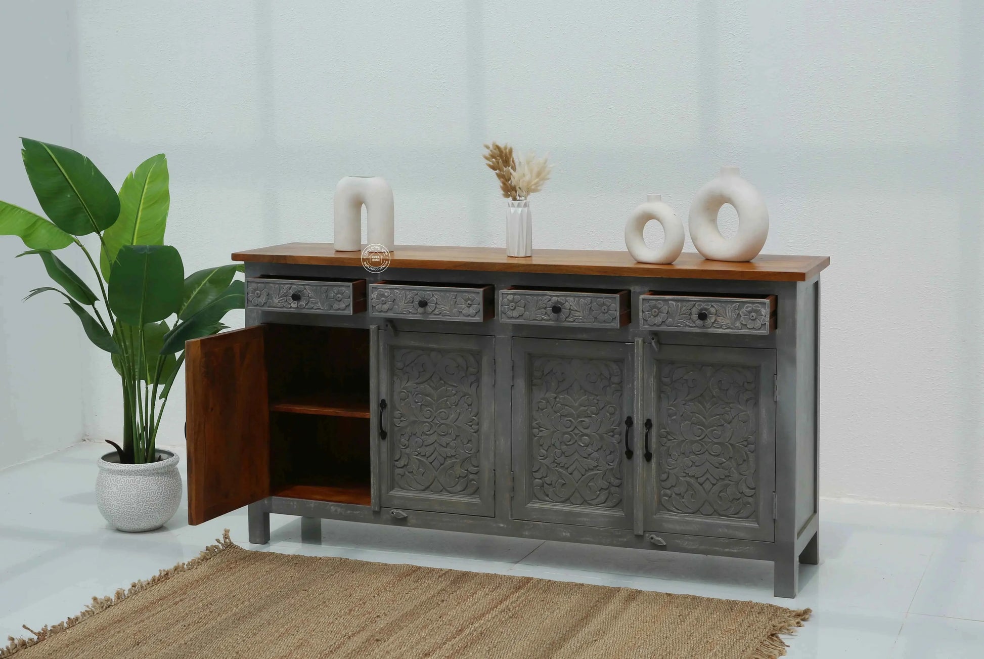 Iris Wooden 4 Door 4 Drawers Sideboard (Multiple Color Options) | Opelhome UAE