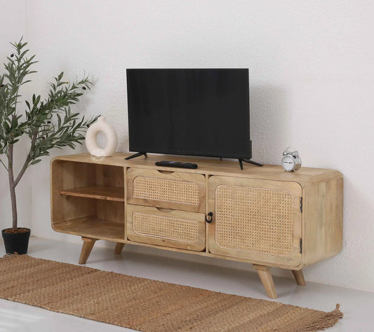 Jack Rattan Media Unit – 1 Door, 2 Drawers, Solid Mango Wood, Natural Finish | Opelhome UAE