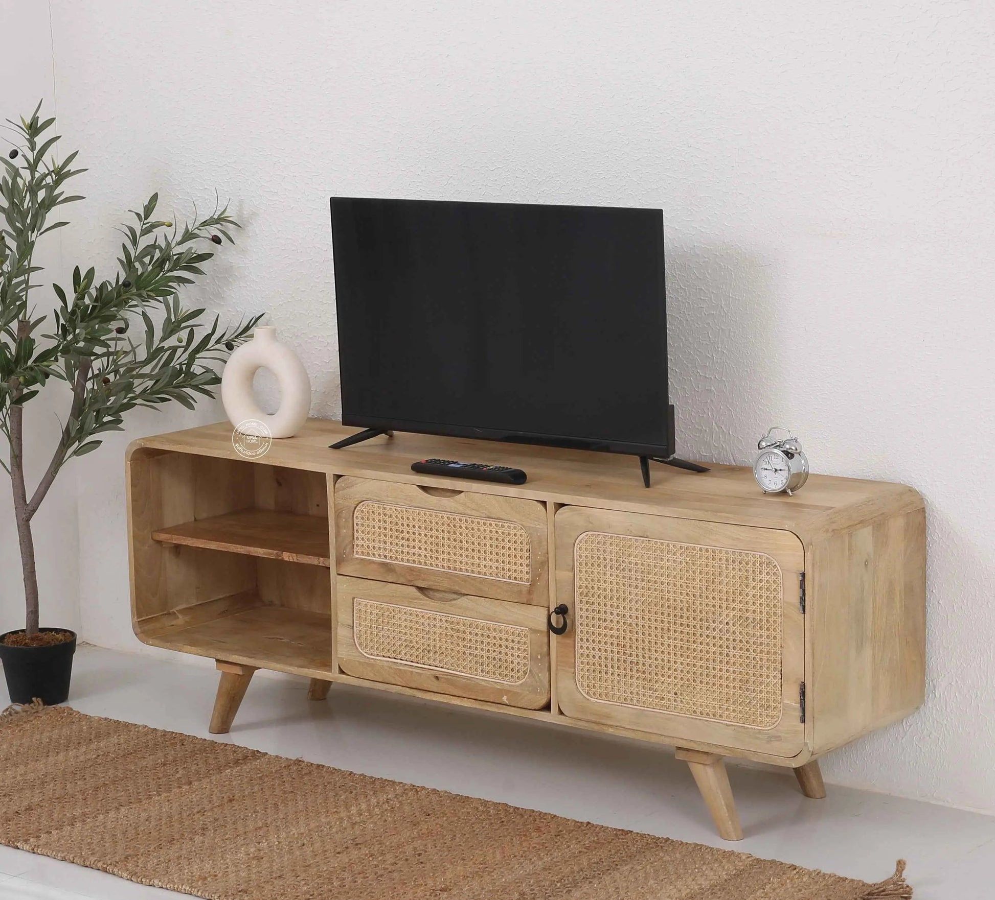 Jack Rattan Media Unit – 1 Door, 2 Drawers, Solid Mango Wood, Natural Finish | Opelhome UAE