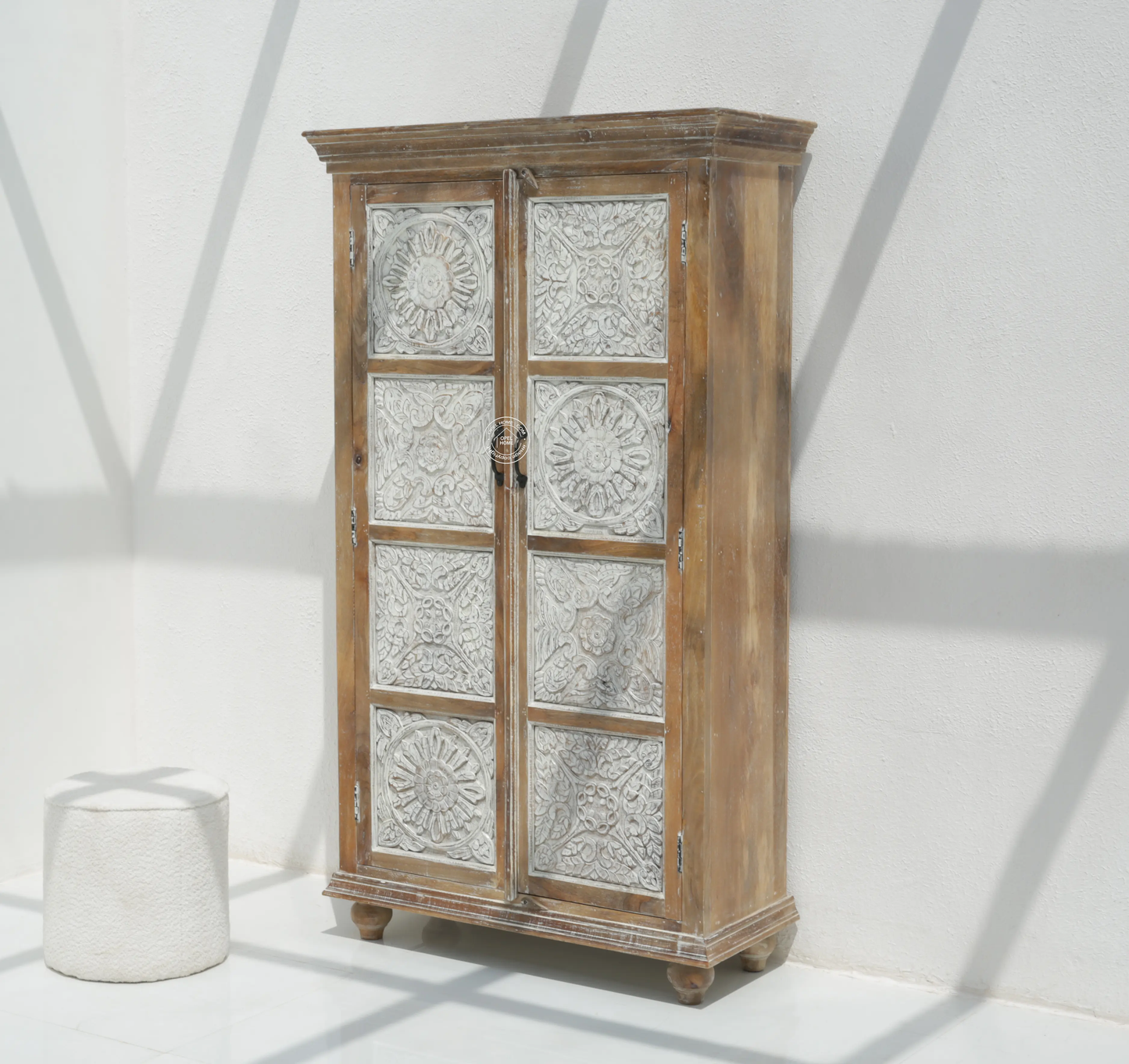 Jenna Wooden 2 Door Carved Closet – Solid Mango Wood, Walnut + White Finish | Opelhome UAE - Opelhome