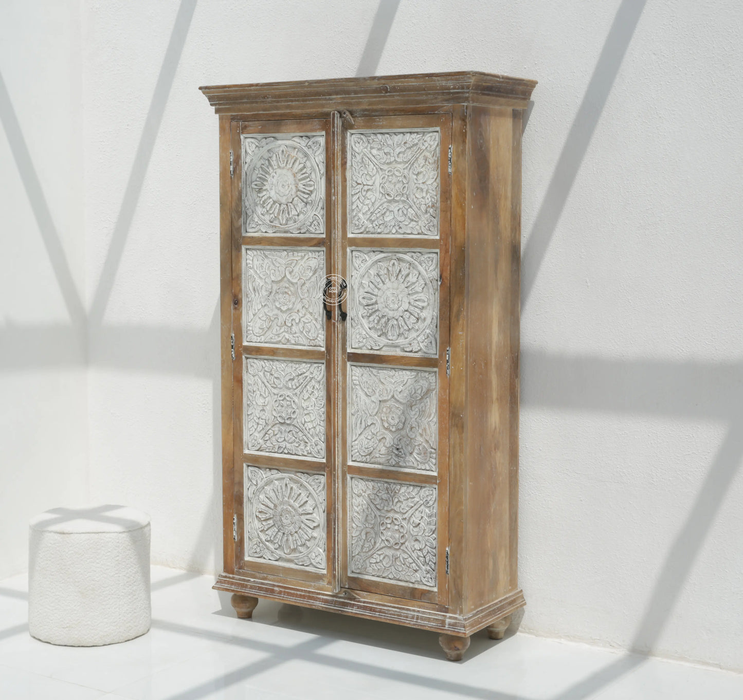 Jenna Wooden 2 Door Carved Closet – Solid Mango Wood, Walnut + White Finish | Opelhome UAE - Opelhome