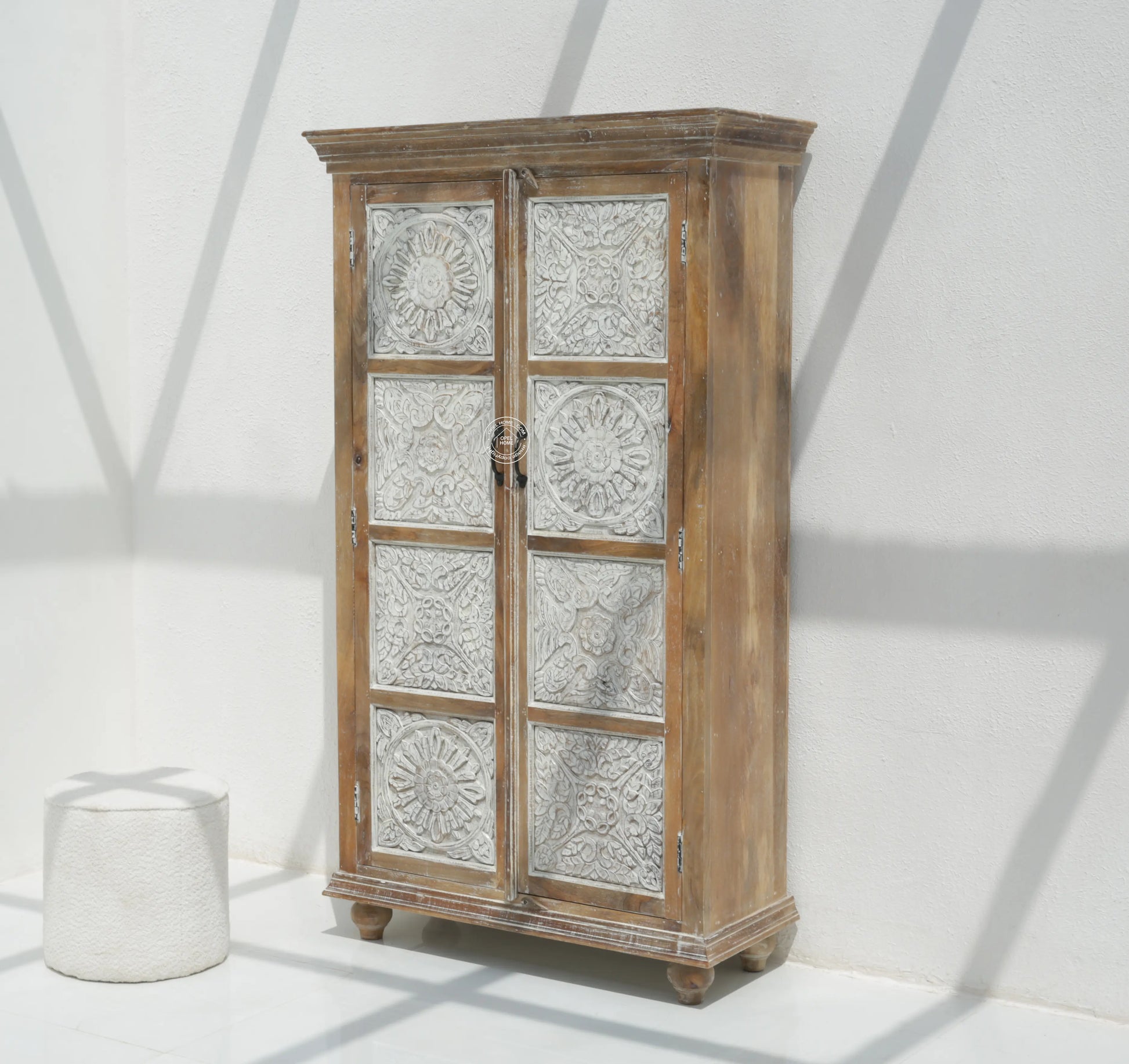 Jenna Wooden 2 Door Carved Closet – Solid Mango Wood, Walnut + White Finish | Opelhome UAE - Opelhome