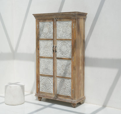 Jenna Wooden 2 Door Carved Closet – Solid Mango Wood, Walnut + White Finish | Opelhome UAE - Opelhome