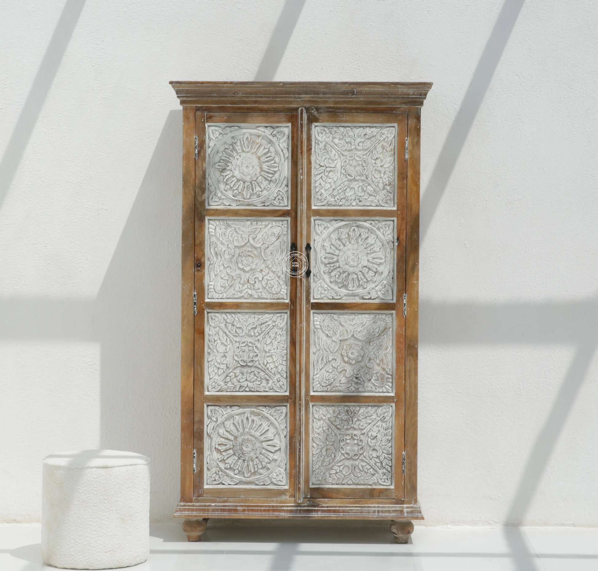 Jenna Wooden 2 Door Carved Closet – Solid Mango Wood, Walnut + White Finish | Opelhome UAE - Opelhome