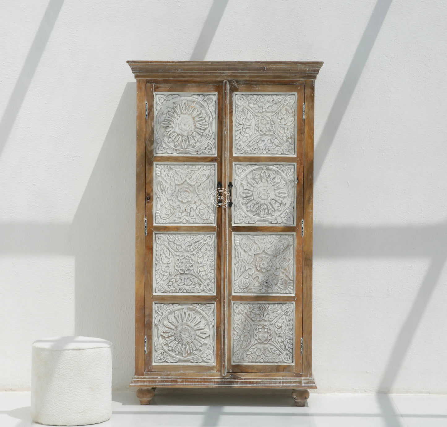 Jenna Wooden 2 Door Carved Closet – Solid Mango Wood, Walnut + White Finish | Opelhome UAE - Opelhome