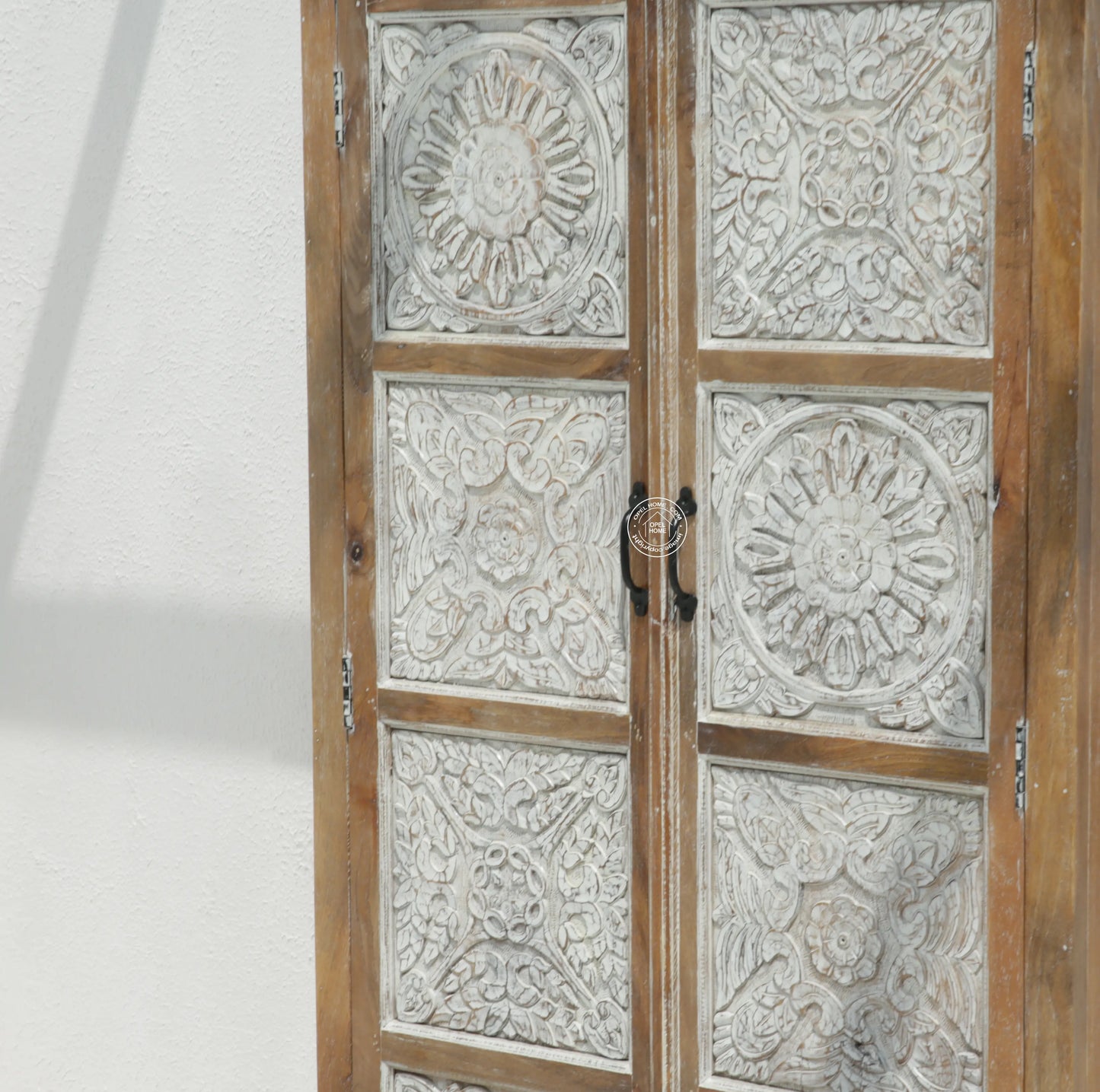 Jenna Wooden 2 Door Carved Closet – Solid Mango Wood, Walnut + White Finish | Opelhome UAE - Opelhome